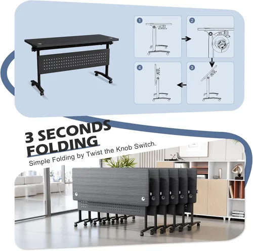 Vista 3 de 62.9in Folding Conference Table, 8 Pack Flip Top Training Tables 1619-black-1