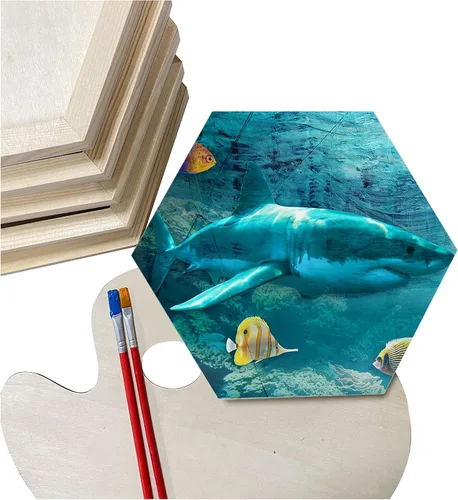 Vista 3 de Lienzo de madera hexagonal para manualidades, tableros de madera enmarcados para pintar (8 x 9 pulgadas, 6 unidades)