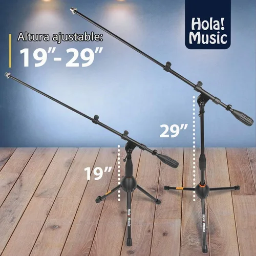 Vista 2 de Soporte de micrófono Hola! Music con altura ajustable para uso en hogar, estudio, oficina o escenario – Bajo perfil (bombo)