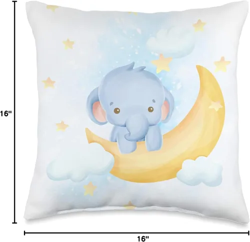Vista 4 de Lindo bebé elefante en la luna con estrellas I cuarto de bebé decoración almohada