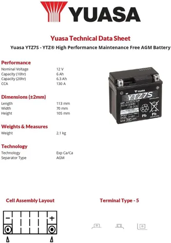Vista 9 de Yuasa YUAM727ZS YTZ7S Batería AGM de alto rendimiento YTZ activada de fábrica