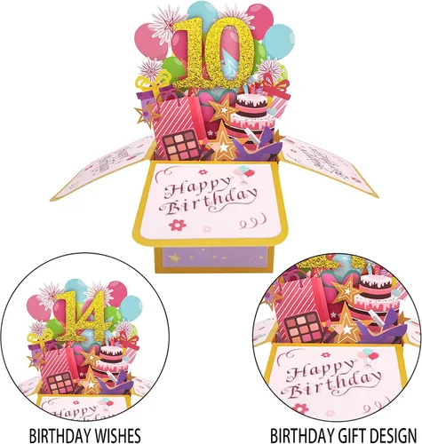 Vista 3 de Asmallgf Tarjeta Emergente Feliz 10 Cumpleaños para Hija Sobrina, Mejor Regalo de Cumpleaños para Niña Niño de 10 Años, Dulces Decoraciones
