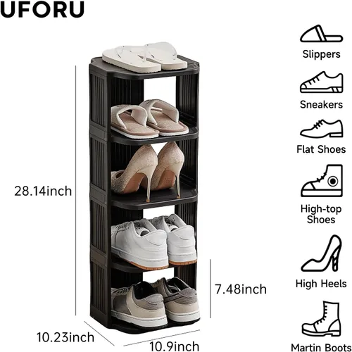 Vista 3 de UFORU - Zapatero pequeño, organizador de zapatos vertical de 5 niveles de plástico para espacios pequeños y estrechos, organizador de zapatos Negro