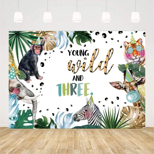 Vista 2 de AIBIIN Telón de fondo de vinilo para cumpleaños, 7 x 5 pies, azul, jóvenes salvajes y tres animales de la selva safari, para decoraciones de fiestas
