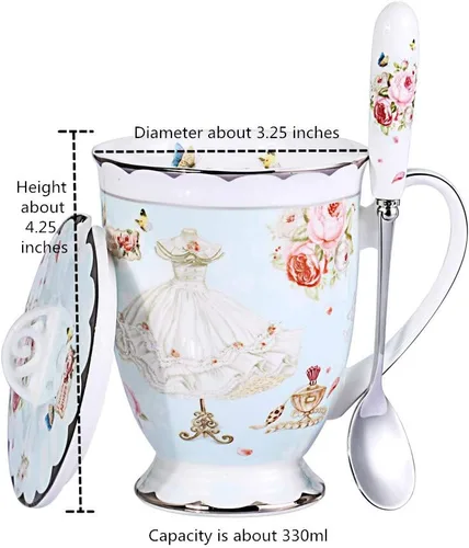 Vista 5 de Taza de té y tapa y cuchara Set Royal Fine Bone China Taza de café 11.2 fl oz Azul claro
