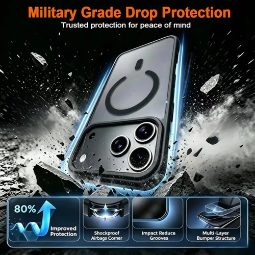 Vista 4 de MagSafe - Funda para iPhone 17 Pro Max / 18 Pro Max, color negro Mate translúcido, protección militar contra caídas, carga inalámbrica sin costuras