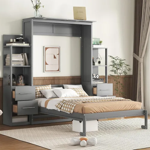 Vista 10 de Cama Murphy de tamaño matrimonial con armario de almacenamiento, ropa y 3 Blanco