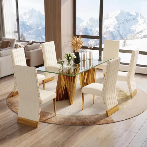 Vista 11 de Juego de mesa de comedor de 5 piezas, juego de mesa de comedor para 4, mesa de comedor de vidrio transparente con 4 sillas de comedor tapizadas
