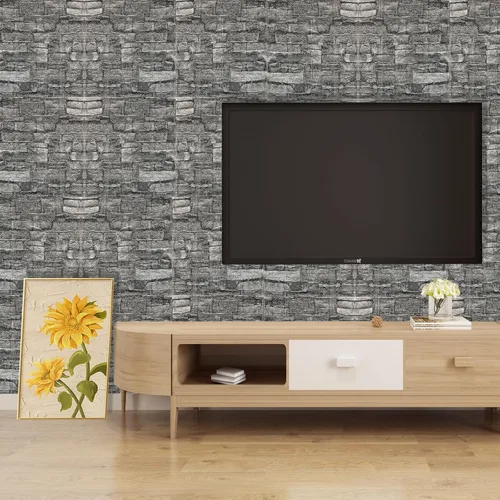 Vista 7 de Paneles de pared 3D para despegar y pegar en piedra negra y gris, 10 piezas de papel tapiz 3D de espuma XPE, paneles de pared de ladrillo sintético