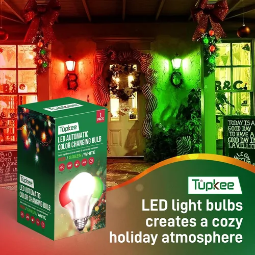 Vista 6 de Bombilla LED automática que cambia de color – Ciclos automáticamente entre rojo/verde/blanco cada 5 segundos – A19, E26, 2 W, bombilla LED de porche
