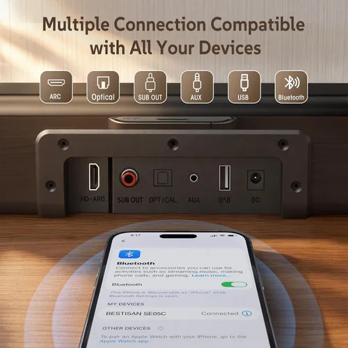 Vista 10 de Barra de sonido, BESTISAN Barra de sonido de 50 vatios con HDMI, óptico, AUX, USB, salida de subgraves y conexión Bluetooth, DSP, bajo ajustable, 16
