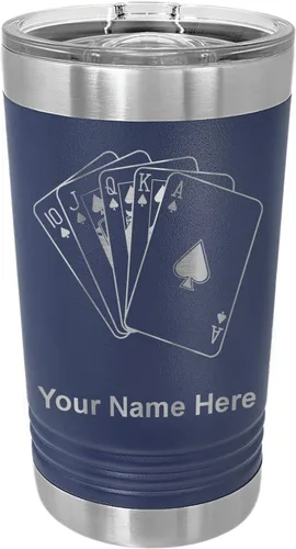 Vista 17 de LaserGram Vaso de pinta aislado al vacío de 16 onzas, tarjetas de póquer Royal Flush con grabado personalizado incluido (negro)