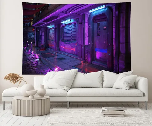 Vista 4 de Telón de fondo de ciudad Cyberpunk de 5 x 3 pies, estilo futurista, estilo grunge, urbano, neón, puerta de calle, paisaje urbano, fondo