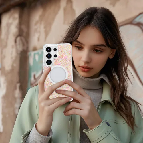 Vista 251 de Bonoma - Funda compatible con Samsung Galaxy S21 Plus, diseño de corazón con purpurina, color rosa Support for MagSafe, Plating Magnetic Case TPU