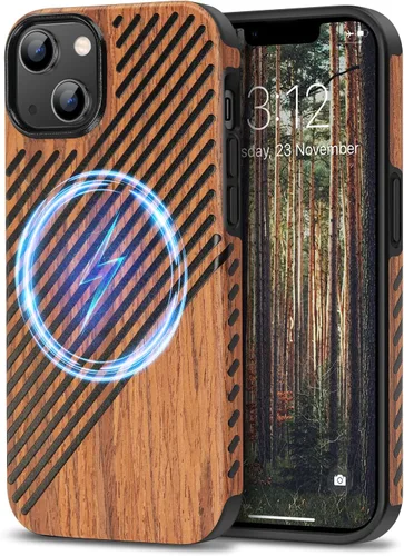 Vista 12 de TENDLIN Funda magnética para iPhone 13 Pro - Funda híbrida de TPU de cuero de grano de madera con compatibilidad MagSafe