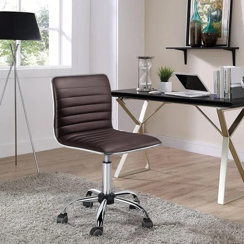 Vista 2 de Yaheetech Silla de oficina de trabajo moderna de cuero PU acanalada sin brazos, ajustable, respaldo bajo, cómoda silla de escritorio con ruedas
