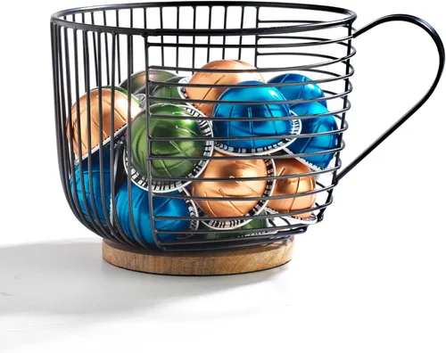 Vista 4 de Soporte para cápsulas de café - Soporte de taza K de gran capacidad con base de madera negra - Decoración moderna de cesta de café para encimera