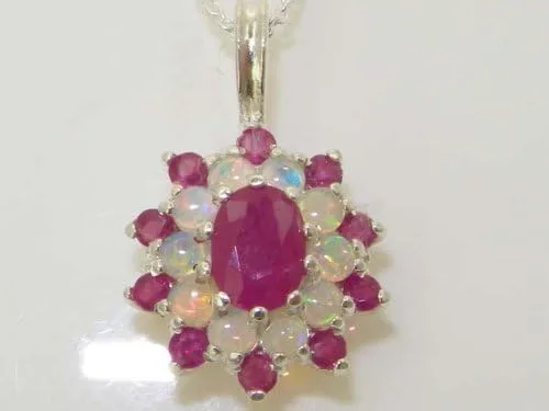 Vista 2 de Ladies Solid 925 Sterling Silver Ornate Large Natural Ruby & Opal Large Cluster Pendant Necklace
