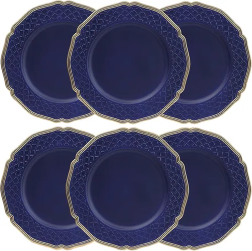 Vista 11 de Platos de carga azul marino con bordes abalorios, juego de 6 platos de plástico para bodas a granel para platos de cena, decoración de mesa