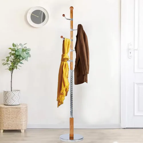 Vista 10 de Perchero de madera independiente, colgador de árbol de pasillo con ganchos de resina, perchero ajustable y resistente para colgar ropa, bolsas