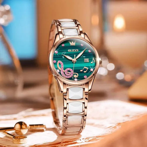 Vista 8 de OLEVS Relojes de pulsera para mujer color oro rosa elegante de cerámica para mujer de acero inoxidable impermeable luminoso