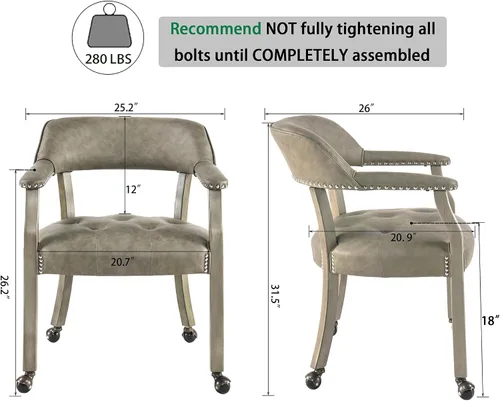 Vista 2 de Silla de comedor con ruedas y brazos, sillas de póker de PU, gris antiguo