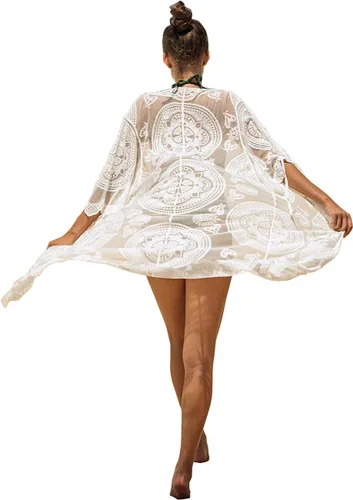 Vista 10 de Cárdigan de Encaje para Mujer de Crochet Floral Transparente Cobertor de Playa Kimono Largo Abierto