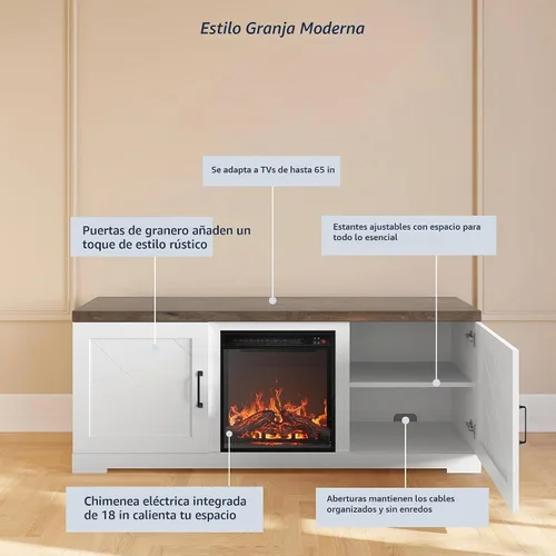 Vista 4 de BELLEZE Moderno soporte de TV de 58" estilo granja con calefactor eléctrico de chimenea de 18" y centro de entretenimiento multimedia para TV