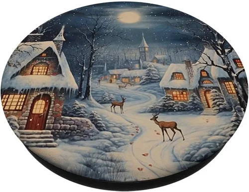 Vista 2 de Paisaje de invierno Village Navidad Navidad Ciervo de nieve PopSockets PopGrip estándar