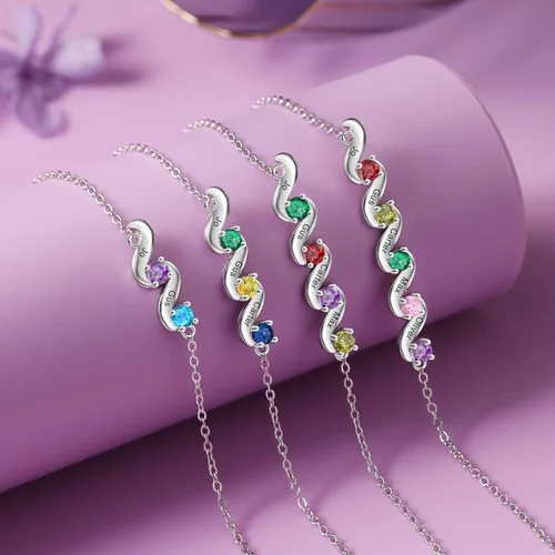 Vista 5 de Lam Hub Fong Pulsera personalizada de regalo para el día de la madre, pulseras personalizadas con nombre de piedra natal para mamá de hija, pulseras