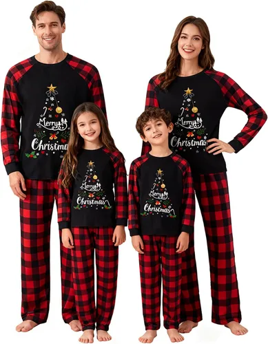 Vista 16 de Awoscut - Conjunto de pijamas navideños a juego, con estampado en la parte superior y pantalones a cuadros #B-7