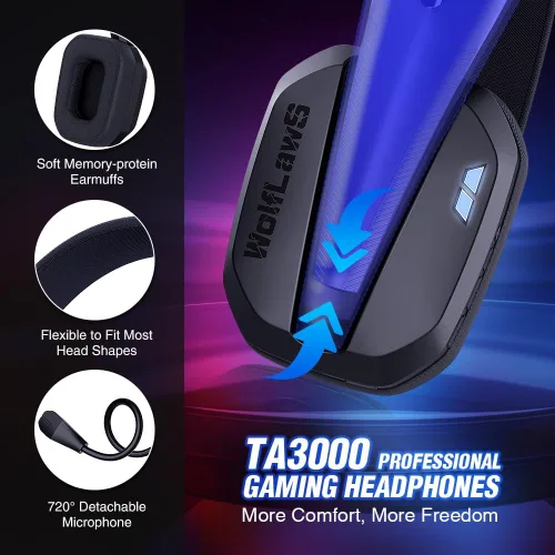 Vista 9 de TA3000 - Auriculares inalámbricos para juegos para PC, PS5, PS4, Switch, Mac, Bluetooth USB con micrófonos desmontables e integrados, aislamiento