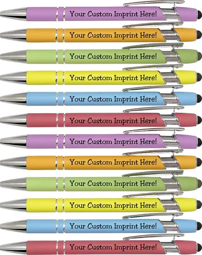 Vista 7 de ExpressDesigns™ - Bolígrafos personalizados pastel premium con lápiz óptico Bolígrafos personalizados de metal suave al tacto con tinta negra