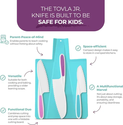 Vista 3 de TOVLA JR. Juego de regalo de corte para niños: 3 cuchillos de cocina seguros para niños, tabla de cortar plegable y 2 picadores aptos para niños.