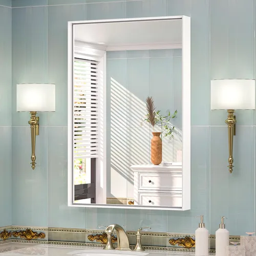 Vista 38 de TETOTE Espejo de baño dorado cepillado de 20" x 30", espejo de tocador de baño rectangular de latón dorado cepillado con marco biselado para sobre