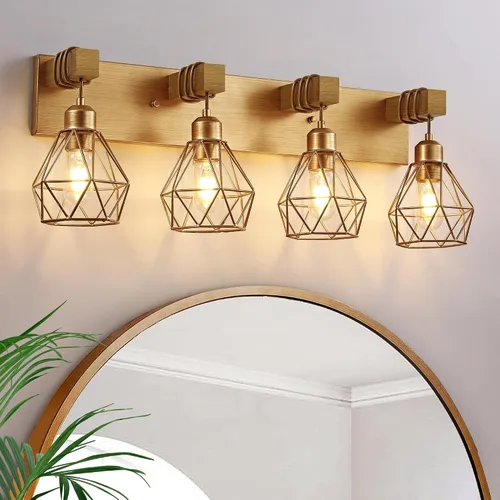 Vista 11 de Lámpara de tocador estilo casa de campo para baño, luminarias de tocador de baño de 2 luces negra dorada de madera sobre espejo, apliques rústicos