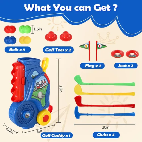 Vista 9 de SUPER JOY Juego de golf para niños pequeños, carrito de golf para niños con 4 palos y 8 pelotas, palos de golf para interiores y exteriores, palos