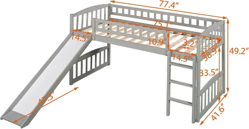 Vista 2 de Merax Cama tipo loft de tamaño individual con tobogán y escalera, marco de madera de pino macizo, gris