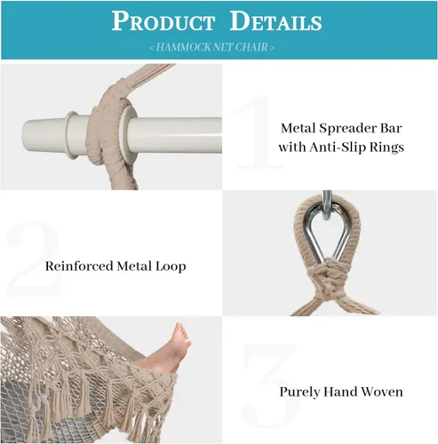 Vista 4 de Bathonly Silla hamaca de cuerda de algodón tejida a mano con barra separadora de metal, hamaca caribeña, silla colgante bohemia para dormitorio