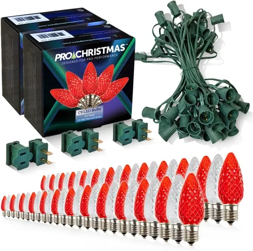 Vista 35 de Pro Christmas - Kit de luces C9 para exteriores, blanco cálido, cable verde, 50 bombillas, 50 pies