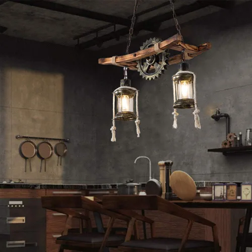 Vista 5 de Lámpara colgante industrial retro de 2 cabezales, con forma de engranaje de granja, personalidad creativa única, lámpara de isla de techo vintage
