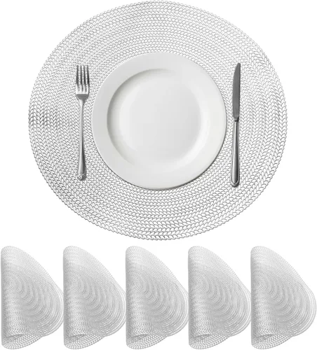Vista 11 de uxcell Juego de 6 manteles individuales redondos dorados para mesas de comedor, manteles individuales metálicos de polivinilo prensado, manteles