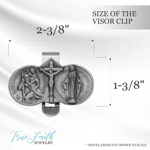 Vista 5 de True Faith Jewelry Jesús Crucificado de Estaño, María Milagrosa y San Cristóbal Clip de Visera para Auto, Santo Patrón de Viajeros, Regalo
