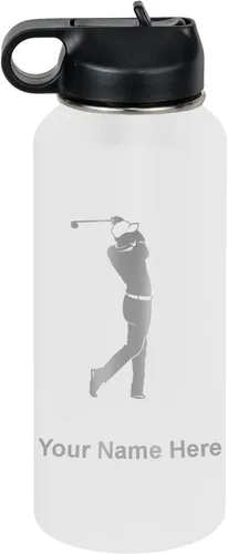 Vista 33 de LaserGram Botella de agua personalizada, golfista de golf, acero inoxidable de doble pared aislada al vacío con popote superior, regalo grabado Negro