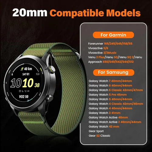 Vista 2 de ANCOOL Correa de nylon para reloj Compatible con Garmin Vivoactive 5/6/3/Forerunner 245/165/55, Correa de reloj de liberación rápida de 20mm