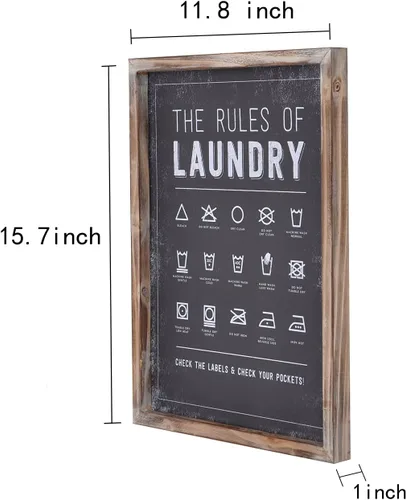 Vista 7 de Letrero de lavandería con símbolos de The Rules of Laundry para decoración y accesorios de lavandería con marco de madera rústica, decoración