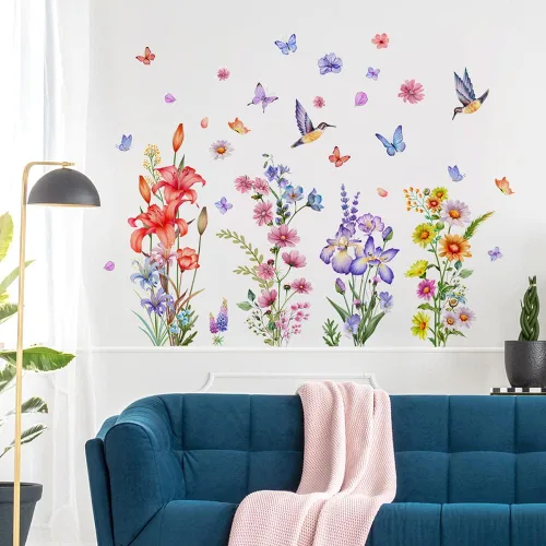 Vista 6 de Calcomanías de pared de plantas botánicas de rosas, 2 hojas de flores, mariposas, calcomanías de pared de PVC extraíbles para niñas, dormitorio Tipo