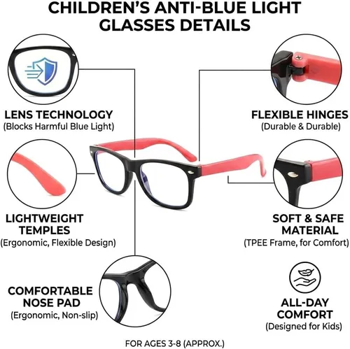 Vista 3 de Lentes rectangulares digitales con bloqueo de luz azul para niños y niñas de 5 a 12 años