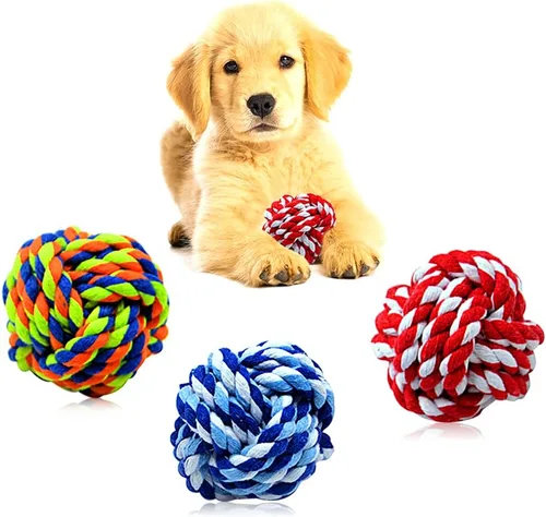 Vista 2 de Juguete masticable para mascotas, cuerda de algodón con tejido de nudos, bola pequeña para perros y gatos, paquete 3 en uno