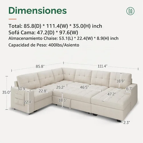 Vista 2 de HONBAY Sofá Seccional Cama Extraíble, Sofá Seccional en Forma de U con Chaise de Almacenamiento, Sofá Cama para Sala de Estar, Beige